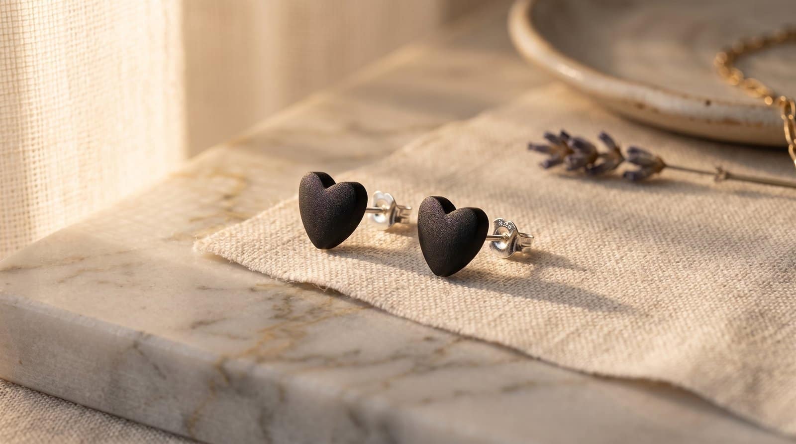 Puffy Black Textured Heart Studs
