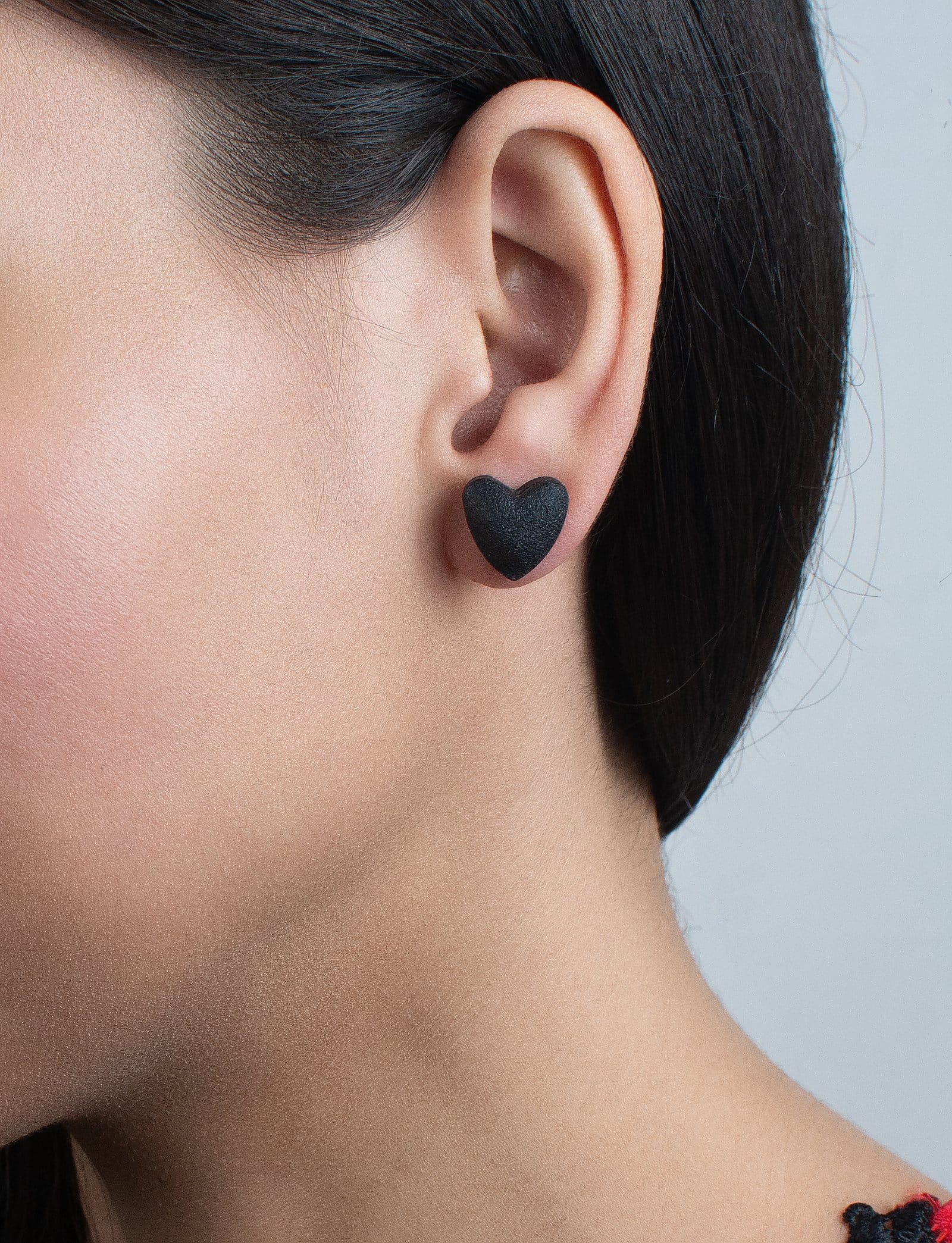 Puffy Black Textured Heart Studs - Image 3